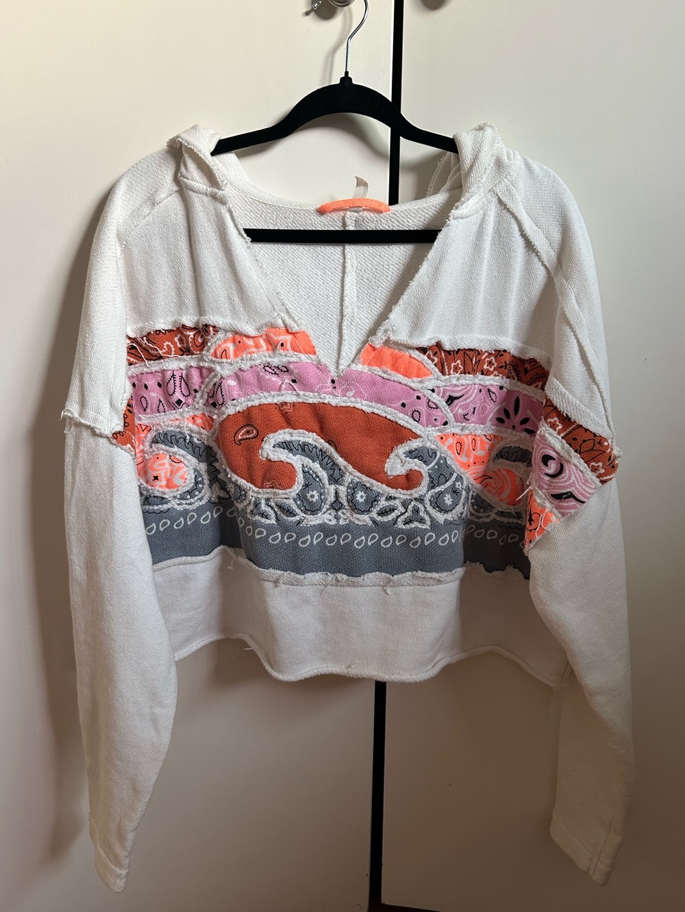 Free People Movement White Hooded Pullover with Coral & Pink Wave Stripe